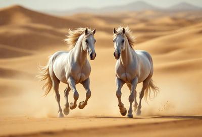 Primary subject: Two white horses running in the desert.

Setting/background: The horses are running on a sandy surface, which is the desert.

Visual style: The image is a photo of the two horses running in the desert.

Colors and mood: The image has a warm and natural color palette, with the sandy surface and the horses' white coats creating a sense of freedom and adventure.