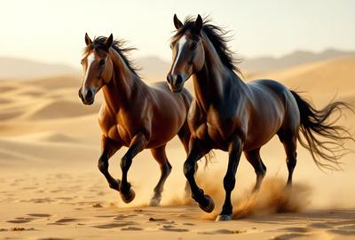 The primary subject of the image is two horses running together in a desert-like environment. The setting is a sandy, open area with mountains in the background. The visual style is a photo, capturing the horses in motion. The colors and mood of the image are warm and dynamic, with the horses' movement and the desert's natural hues creating a sense of freedom and adventure.