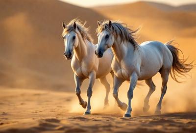 Primary subject: Two white horses running in the sand.

Setting/background: A desert landscape with sand and dirt.

Visual style: A photo of the two horses running in the sand.

Colors and mood: The image is in black and white, giving it a classic and timeless feel. The horses and the sand create a sense of freedom and adventure.