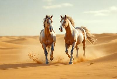 Primary subject: Two horses running in the desert.

Setting/background: The horses are running on a sandy surface, likely in a desert environment.

Visual style: The image is a photo of the two horses in motion.

Colors and mood: The image has a warm and natural color palette, with the sandy surface and the horses' coats creating a sense of movement and freedom.