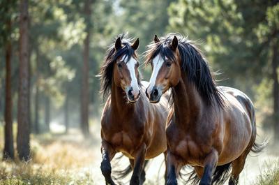 The primary subject of the image is two horses standing next to each other in a grassy field. They are facing each other, possibly engaging in a conversation or interaction. The setting is a natural environment with trees in the background, creating a serene and peaceful atmosphere. The visual style of the image is a photo, capturing the horses in their natural habitat. The colors in the image are predominantly shades of brown and green, reflecting the natural environment and the horses' fur.