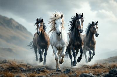 Primary subject: A group of horses running through a field.

Setting/background: The horses are running through a field with a mountain in the background.

Visual style: The image is a photo of the horses running.

Colors and mood: The image has a black and white color scheme, giving it a classic and timeless feel. The horses' movement and the mountain in the background create a sense of freedom and adventure.