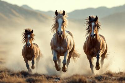 Primary subject: Three horses running in a field.

Setting/background: A field with dirt and mountains in the background.

Visual style: A photo of the horses running.

Colors and mood: The image is in black and white, giving it a classic and timeless feel. The horses are running through the dirt, creating a sense of motion and energy.
