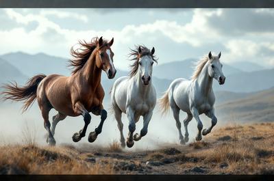 Primary subject: Horses
Setting/background: A field with mountains in the background
Visual style: Photo
Colors and mood: The photo is in black and white, giving it a classic and timeless feel.