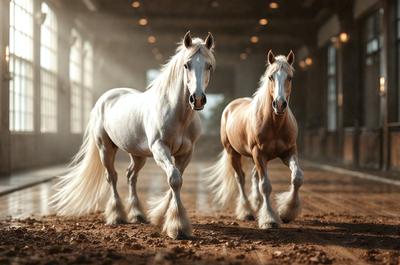 Primary subject: Two horses walking together.

Setting/background: A dirt road or a barn.

Visual style: A photo of the two horses.

Colors and mood: The image is in black and white, giving it a classic and timeless feel.