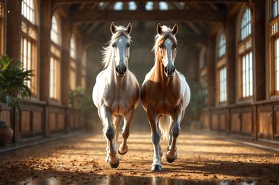 Primary subject: Two horses running down a dirt road.

Setting/background: The horses are running down a dirt road, with a building visible in the background.

Visual style: The image is a photo of the two horses running.

Colors and mood: The image has a warm and natural color palette, with the dirt road and the horses' coats creating a sense of movement and energy.