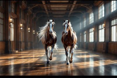 Primary subject: Two horses walking in a building.

Setting/background: The horses are walking on a wooden floor, possibly in a barn or a large room.

Visual style: The image is a photo of the two horses.

Colors and mood: The image has a warm and natural color palette, with the horses' brown and white fur, and the wooden floor. The mood of the image is calm and serene, as the horses walk together in a peaceful environment.