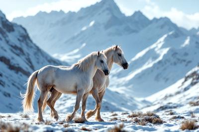 The primary subject of the image is a pair of horses standing in a snowy mountain range. The setting is a snowy mountainous landscape, with the horses being the main focus of the scene. The visual style of the image is a photo, capturing the beauty of the snowy environment and the horses. The colors and mood of the image are predominantly white and cold, with the snowy landscape creating a serene and tranquil atmosphere.