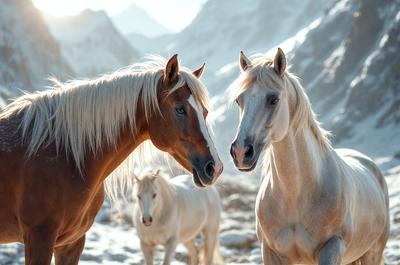 The primary subject of the image is a group of horses standing in a snowy mountainous area. There are three horses in total, with one horse standing in the foreground and the other two horses positioned behind it. The setting is a snowy mountain, with the horses facing each other, creating a sense of connection and companionship. The visual style of the image is a photo, capturing the beauty of the snowy landscape and the horses interacting with each other. The colors and mood of the image are predominantly white