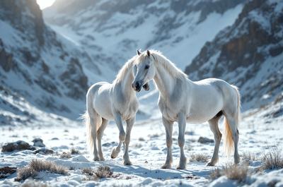 The primary subject of the image is a pair of white horses standing in a snowy mountain range. The setting is a snowy mountain with a rocky background. The visual style is a photo, capturing the horses in their natural environment. The colors and mood of the image are predominantly white and cold, reflecting the snowy landscape and the chilly atmosphere.