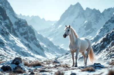 Primary subject: A white horse standing in a snowy mountain range.

Setting/background: The horse is standing in a snowy mountain range, with a mountainous landscape in the background.

Visual style: The image is a photo of the horse in the snowy mountains.

Colors and mood: The image has a cold and serene atmosphere, with the white horse standing out against the snowy mountain backdrop.