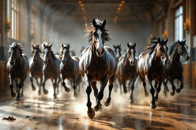 Primary subject: A brown horse running in a barn.

Setting/background: The horse is running on a dirt floor in a barn.

Visual style: The image is a photo of the horse running.

Colors and mood: The image has a sepia tone, giving it a warm and nostalgic atmosphere.