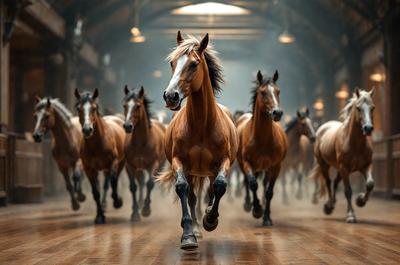 Primary subject: A brown horse running in a barn.

Setting/background: The horse is running in a barn, with other horses in the background.

Visual style: The image is a photo of the horse running in the barn.

Colors and mood: The image has a sepia tone, giving it a warm and nostalgic atmosphere.