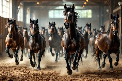 Primary subject: A group of horses running together in a dirt field.

Setting/background: The horses are running in a dirt field, with a building visible in the background.

Visual style: The image is a photo of the horses running together.

Colors and mood: The image has a sepia tone, giving it a warm and nostalgic atmosphere.