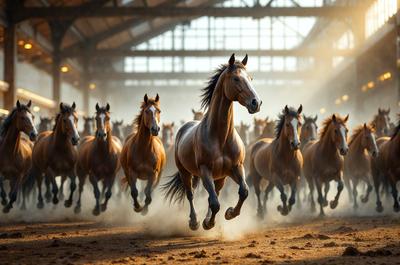 Primary subject: A brown horse running in a dirt field.

Setting/background: The horse is running in a large open area, possibly a race track or a field.

Visual style: The image is a photo of the horse running.

Colors and mood: The dominant colors are brown and orange, with a dusty and energetic atmosphere.