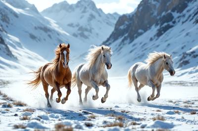 Primary subject: Four horses running in the snow.

Setting/background: A snowy mountain range serves as the backdrop for the scene.

Visual style: The image is a photo of the four horses running in the snow.

Colors and mood: The dominant colors are white and gray, with the snow creating a cold and serene atmosphere.