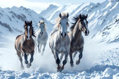Primary subject: Horses
Setting/background: Snowy mountain
Visual style: Photo
Colors and mood: White and gray, cold and snowy