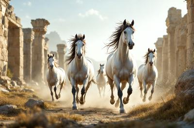 Primary subject: A group of horses running on a dirt road.

Setting/background: The horses are running in front of a mountain, creating a picturesque scene.

Visual style: The image is a photo of the horses running in the dirt.

Colors and mood: The scene is dominated by earthy tones, such as brown and beige, which create a sense of natural beauty and movement.