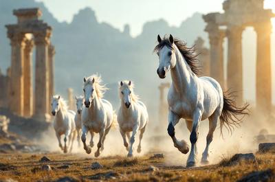 Primary subject: A group of white horses running in a field.

Setting/background: The horses are running in a field with a mountainous background.

Visual style: The image is a photo of the horses running in the field.

Colors and mood: The image has a vibrant and energetic atmosphere, with the white horses and the mountainous background creating a sense of freedom and movement.
