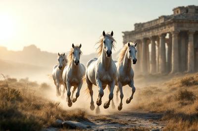 Primary subject: Horses
Setting/background: Ancient ruins
Visual style: Photo
Colors and mood: The image is in sepia tone, giving it a vintage and nostalgic feel.