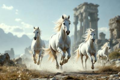 Primary subject: White horses running on a dirt road.

Setting/background: Ancient ruins in the background.

Visual style: Digital art.

Colors and mood: The image is in black and white, giving it a classic and timeless feel.