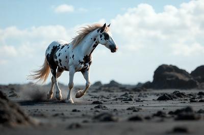 Primary subject: A spotted horse running on a beach.

Setting/background: The horse is running on a sandy beach, with a rocky outcrop in the background.

Visual style: The image is a black and white photo.

Colors and mood: The dominant colors are black, white, and various shades of grey. The overall atmosphere is dynamic and energetic, as the horse is captured in motion.