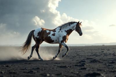 Primary subject: A brown and white spotted horse running on a dirt field.

Setting/background: The horse is running on a dirt field, with a cloudy sky in the background.

Visual style: The image is a photo of the horse in motion.

Colors and mood: The horse has brown and white spots, and the overall atmosphere is energetic and dynamic.
