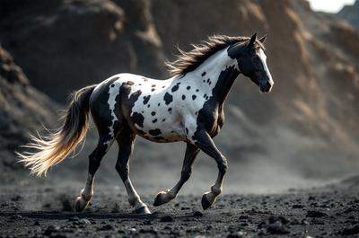 Primary subject: A black and white spotted horse.

Setting/background: A rocky hillside.

Visual style: A photo of the horse.

Colors and mood: The horse is black and white, and the overall atmosphere is dramatic and natural.