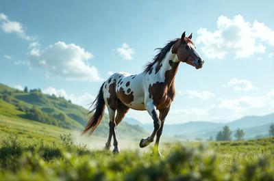 Primary subject: A brown and white spotted horse running in a grassy field.

Setting/background: The horse is running in a grassy field with a mountain in the background.

Visual style: The image is a photo of the horse in motion.

Colors and mood: The horse is brown and white, and the overall atmosphere is lively and energetic.