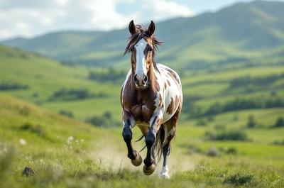 The primary subject of the image is a brown and white horse running through a grassy field. The horse is the main focus of the image, and it appears to be enjoying its time in the open space. The setting is a lush green field, providing a natural and serene backdrop for the horse. The visual style of the image is a photo, capturing the horse in motion and the surrounding environment. The colors in the image are predominantly green and brown, creating a calm and peaceful atmosphere.
