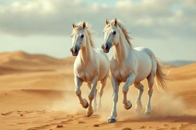 The primary subject of the image is two white horses running together in a desert-like environment. The setting is a sandy, open area with a cloudy sky in the background. The visual style of the image is a photo, capturing the horses in motion. The colors and mood of the image are predominantly warm and natural, with the sand and sky creating a sense of openness and freedom.