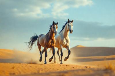 Primary subject: Two horses running in the desert.

Setting/background: The horses are running on a sandy surface, likely in a desert environment.

Visual style: The image is a photo of the two horses in motion.

Colors and mood: The image has a warm and natural color palette, with the sandy surface and the horses' coats creating a sense of movement and freedom.