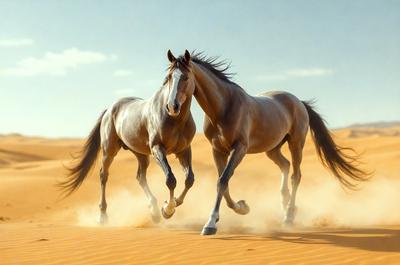 The primary subject of the image is two horses running together in a desert-like environment. The setting is a sandy surface, which adds to the overall atmosphere of the scene. The visual style of the image is a photo, capturing the horses in motion. The colors in the image are predominantly earth tones, such as brown, beige, and orange, which contribute to the natural and arid mood of the scene.