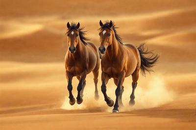 Primary subject: Two brown horses running in the desert.

Setting/background: The horses are running on a sandy surface, which is the desert.

Visual style: The image is a photo of the two horses running in the desert.

Colors and mood: The image has a warm and natural color palette, with the brown horses and the sandy desert background. The mood of the image is energetic and dynamic, as the horses are running swiftly across the sand.