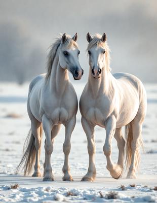 The primary subject of the image is two white horses standing next to each other in a snowy environment. The setting is a snow-covered field, and the visual style appears to be a photo. The horses are the main focus of the image, and their white color contrasts with the snowy background, creating a serene and peaceful atmosphere.