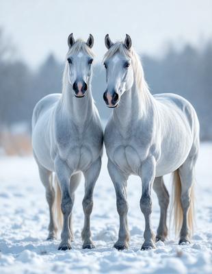 The primary subject of the image is two white horses standing in the snow. They are positioned close to each other, creating a sense of companionship. The setting is a snowy landscape, with the horses standing on a snow-covered ground. The visual style of the image is a photo, capturing the beauty of the horses in their natural environment. The colors and mood of the image are predominantly white, with the snow creating a serene and peaceful atmosphere.