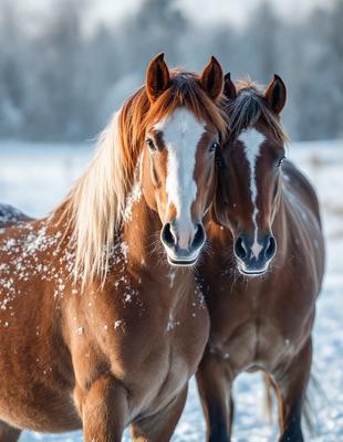 The primary subject of the image is two brown horses standing close to each other in a snowy environment. They are positioned in front of a snow-covered field, creating a serene and wintry atmosphere. The visual style of the image is a photo, capturing the horses' beauty and the winter landscape. The colors and mood of the image are predominantly brown and white, with the snow adding a touch of coldness to the scene.