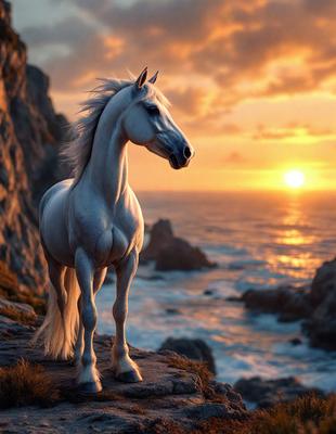 Primary subject: A white horse standing on a cliff overlooking the ocean.

Setting/background: The horse is standing on a rocky cliff overlooking the ocean, with a beautiful sunset in the background.

Visual style: The image is a digital art or illustration, featuring a white horse in a natural setting.

Colors and mood: The image has a warm and serene atmosphere, with the sunset casting a golden glow over the ocean and the horse standing tall on the cliff.