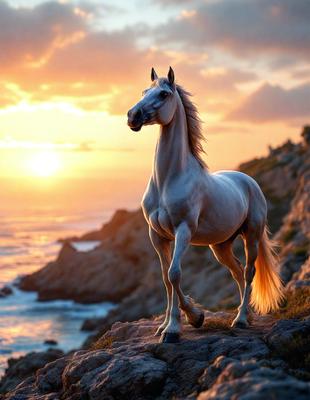 Primary subject: A white horse standing on a rocky hill overlooking the ocean.

Setting/background: The horse is standing on a rocky hill with a beautiful ocean view in the background.

Visual style: The image is a digital art or illustration of a white horse on a rocky hill.

Colors and mood: The image has a warm and serene atmosphere, with the white horse and the ocean creating a sense of tranquility and natural beauty.