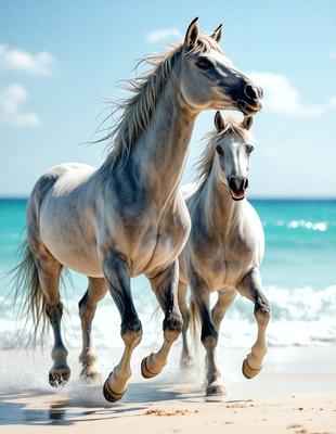 The primary subject of the image is a pair of horses running on a beach. The setting is a beautiful beach with the ocean in the background. The visual style of the image is a photo, capturing the horses in their natural environment. The colors and mood of the image are vibrant and lively, with the horses' white coats contrasting against the blue ocean and the sandy beach.