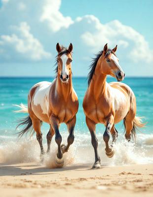 The primary subject of the image is two horses running on a beach. The setting is a sandy beach with the ocean in the background. The visual style is a photo, capturing the horses in motion. The colors and mood of the image are vibrant and energetic, as the horses are running and enjoying their time on the beach.