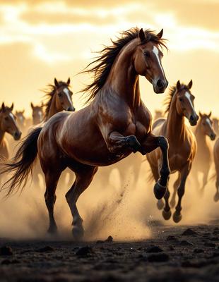 Primary subject: A brown horse running in a field.

Setting/background: The horse is running in a field with other horses in the background.

Visual style: The image is a photo of the horse running in the field.

Colors and mood: The dominant colors are brown and orange, with a dusty and dynamic atmosphere.