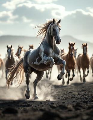 Primary subject: A horse running in a field.

Setting/background: The horse is running in a field with a mountain in the background.

Visual style: The image is a photo of the horse running.

Colors and mood: The image has a black and white color scheme, giving it a classic and timeless feel. The horse's movement and the mountain in the background create a sense of freedom and adventure.