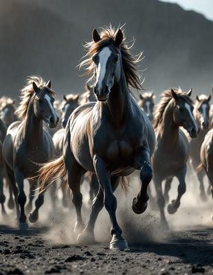 Primary subject: A brown horse with a flowing mane.

Setting/background: A black background.

Visual style: Digital art.

Colors and mood: The horse has a warm, earthy tone, and the overall atmosphere is dynamic and powerful.
