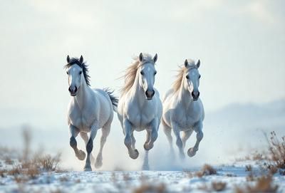 Primary subject: Three white horses running in the snow.

Setting/background: The snowy landscape with a mountain in the background.

Visual style: The image is a photo of the three horses running in the snow.

Colors and mood: The image has a cold and snowy atmosphere, with the white horses standing out against the white snow.