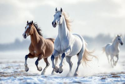 The primary subject of the image is a white horse running through a snowy field. The setting is a winter landscape with snow covering the ground. The visual style is a photo, capturing the horse in motion. The colors and mood of the image are predominantly white and cold, with the snow and the horse's white fur creating a serene and wintry atmosphere.