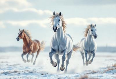 Primary subject: Three horses running in the snow.

Setting/background: The snowy landscape with a cloudy sky.

Visual style: The image is a digital artwork.

Colors and mood: The dominant colors are white, gray, and brown, creating a cold and serene atmosphere.