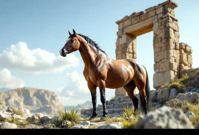 Primary subject: A brown horse standing on a rocky hill.

Setting/background: The horse is standing on a rocky hill with a stone building in the background.

Visual style: The image is a photo of the horse on the hill.

Colors and mood: The image has a warm and natural color palette, with the brown horse and the rocky hill creating a sense of ruggedness and beauty.