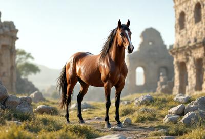 Primary subject: A brown horse standing in a grassy field.

Setting/background: The horse is standing in front of a rocky structure, which could be a castle or a ruin.

Visual style: The image is a photo of the horse in the field.

Colors and mood: The horse is brown, and the overall atmosphere of the image is serene and peaceful.