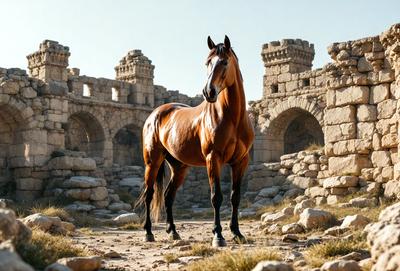 Primary subject: A brown horse standing in front of a stone building.

Setting/background: The horse is standing in a courtyard with a stone building in the background. The area appears to be a mix of natural and man-made elements.

Visual style: The image is a photo of the horse and the stone building.

Colors and mood: The image has a warm and earthy color palette, with the brown horse and the stone building as the main focus.